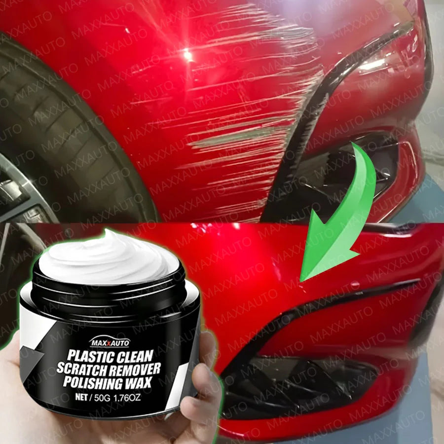 A hand holds a jar of Plastic Clean Scratch Remover Polishing Wax with a red car body in the background.