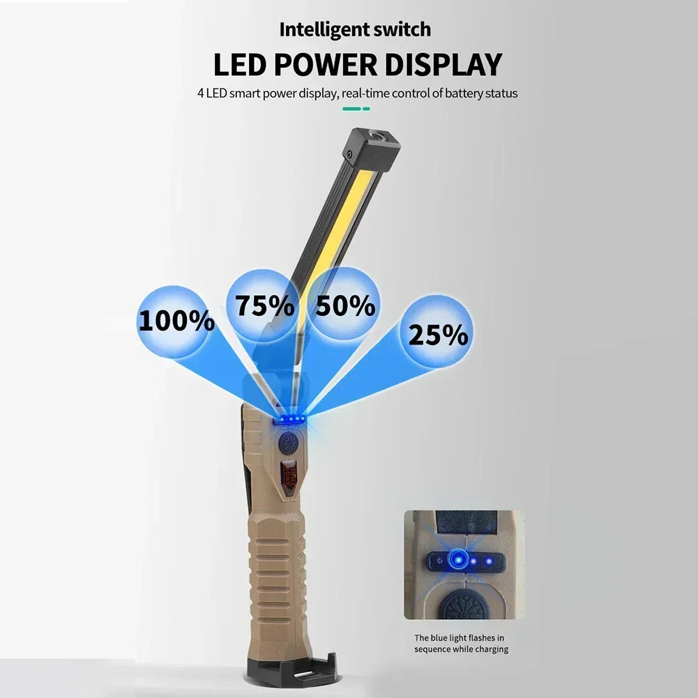 A foldable magnetic LED flashlight shows a power display with percentages like 100%, 75%, 50%, and 25%.