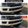 Before and after comparison of durable tow hook covers installed on a Ford Super Duty truck grille.
