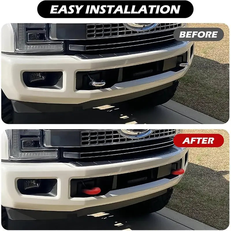 Before and after comparison of durable tow hook covers installed on a Ford Super Duty truck grille.