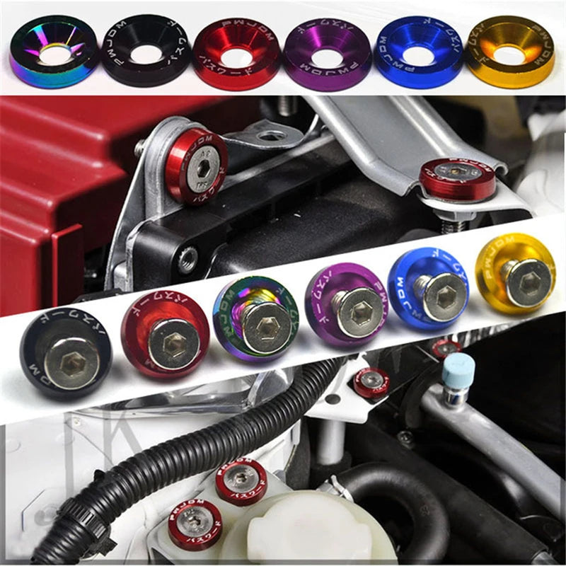 A variety of colorful aluminum fender fasteners and mounting hardware are displayed in various angles.