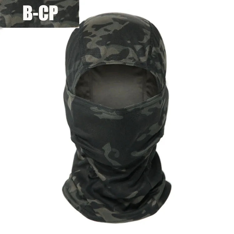 A camouflage tactical balaclava full face mask in black and green patterns.