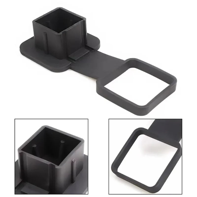 A black universal trailer hitch cover shown in multiple views, including the main product and close-ups of its components.