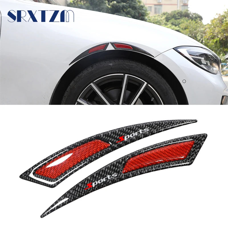 Carbon fiber sports trim for a car headlight eyebrow protector and wheel detail.