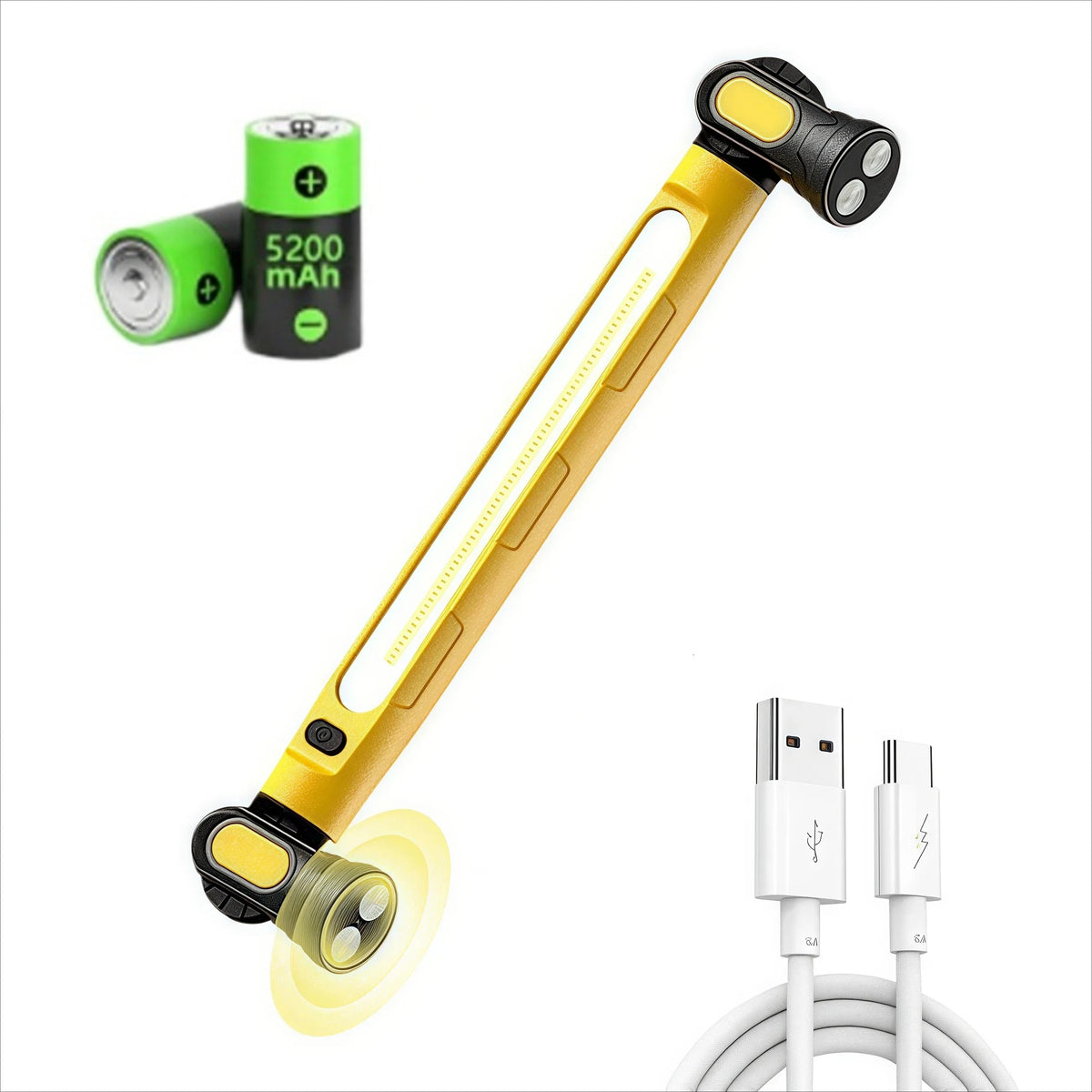 A yellow magnetic rechargeable work light with a green battery and charging cable.