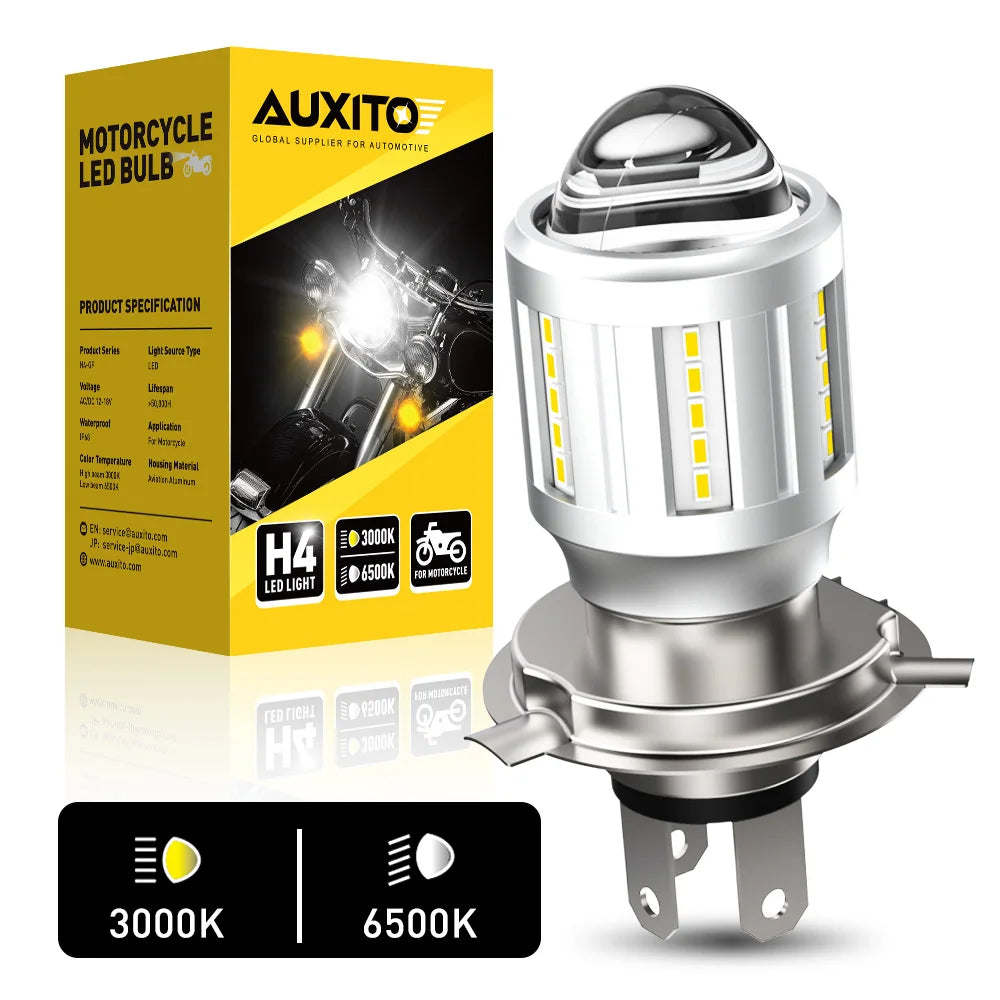 A silver motorcycle LED headlight bulb with a yellow light, shown next to its packaging and specifications.