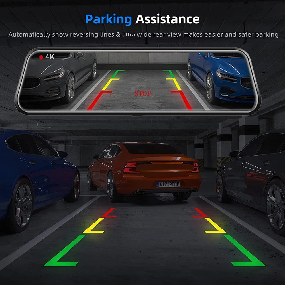 A car interior view showing a 4K smart rearview mirror with reversing lines and ultra wide rear view for parking assistance.