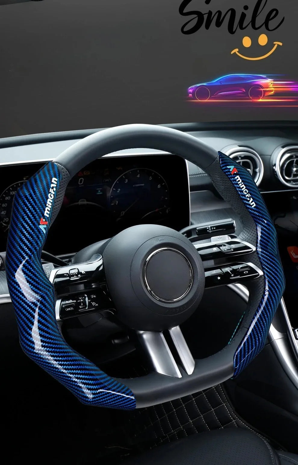 A close-up view of a steering wheel covered in blue carbon fiber material inside a car