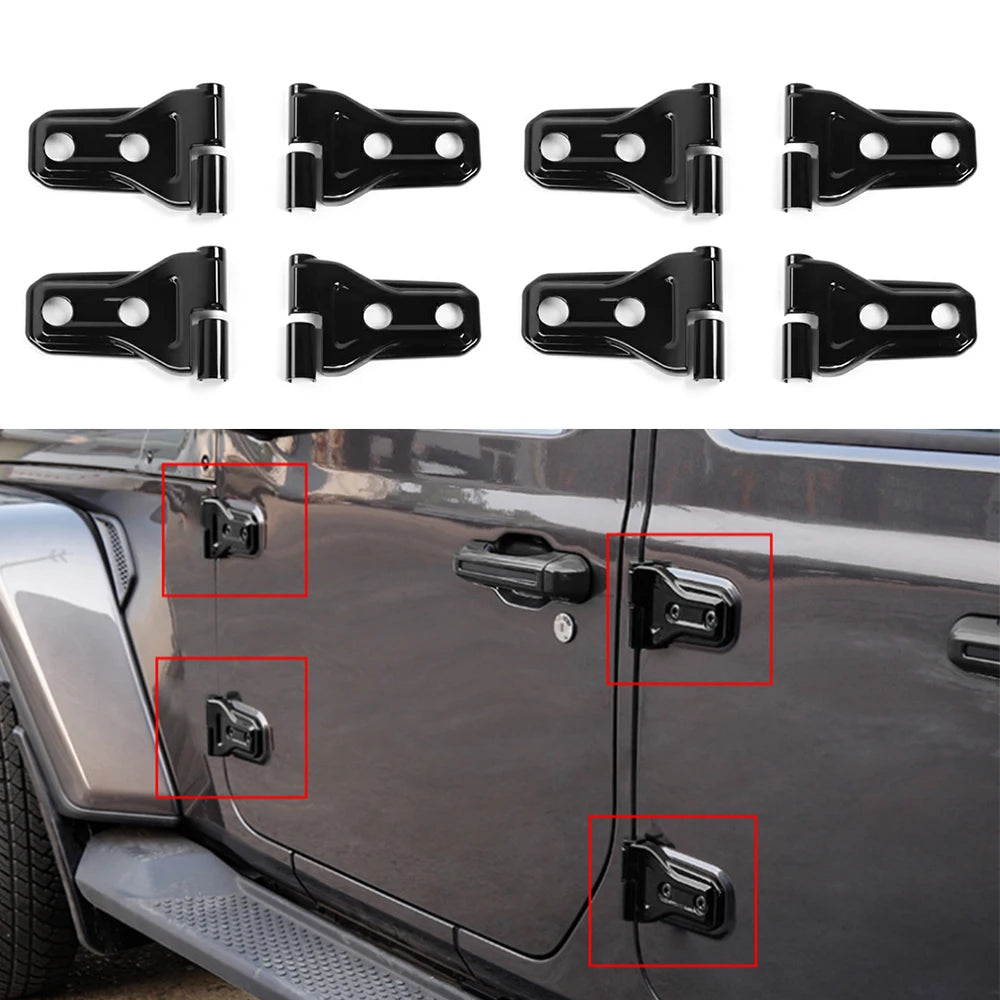 Black door hinge cover trim for Jeep Wrangler or Gladiator showing various angles and installation views.