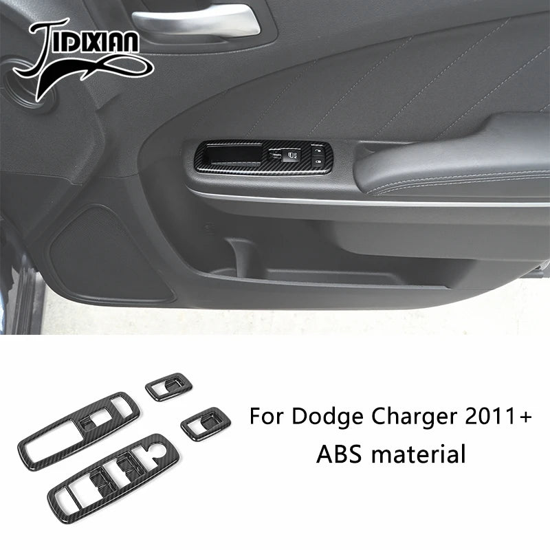Carbon fiber trim piece for Dodge Charger interior door panel, made of ABS material.