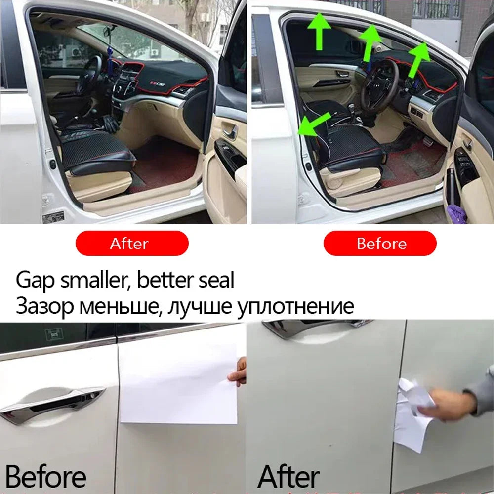 Comparison showing before and after application of heavy duty car door weather stripping seal on a cabinet door.