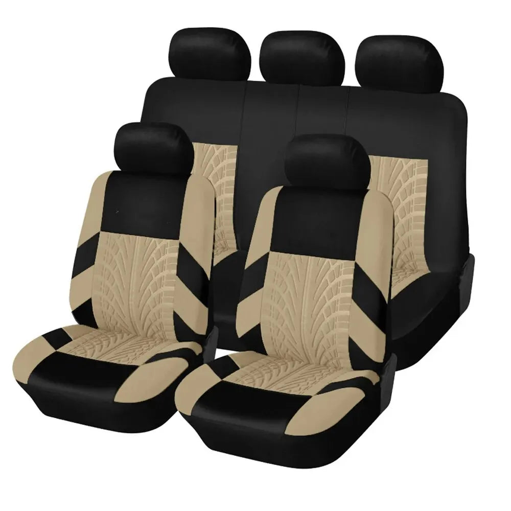 Black universal car seat covers for front and rear bench seats with beige patterned fabric.