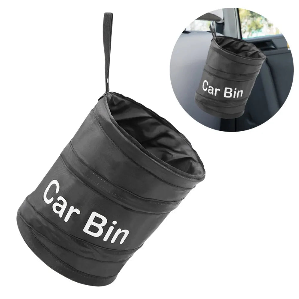 Black waterproof collapsible car bin bag with 'Car Bin' printed on it.