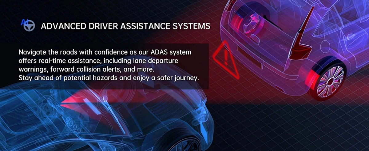 A futuristic blue car interior view showing advanced driver assistance systems features and safety warnings.