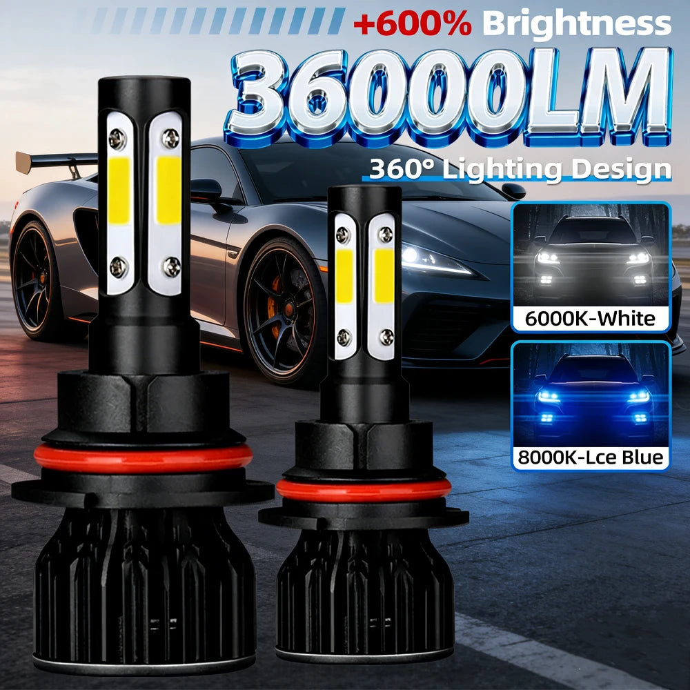Une paire d'ampoules de phare LED 360 degrés blanches et bleues à côté d'une voiture de sport.