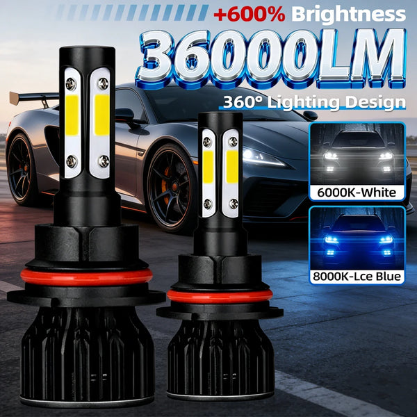 A pair of 360 degree COB LED headlight bulbs in white and blue colors shown next to a sports car.
