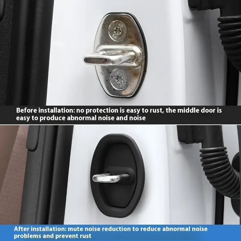 Comparaison avant/après de l'installation d'un protecteur pour serrure de porte de voiture.
