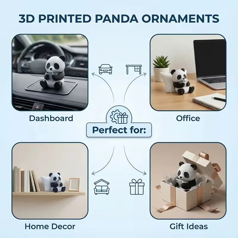 3D printed panda ornaments shown as dashboard, office decor, home decor, and gift ideas