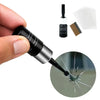 A black windshield crack repair kit with a needle and adhesive patch is shown next to its components.