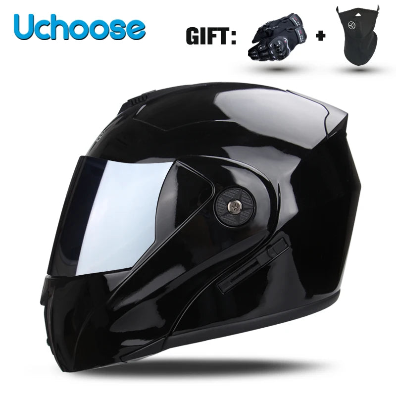 Black Uchoose DOT certified double lens flip-up motorcycle helmet with a gift