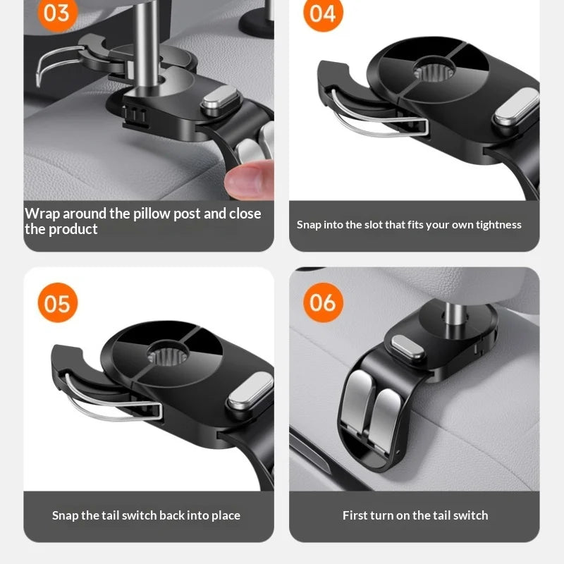 Step-by-step instructions showing how to install and use universal car seat back organizer hooks