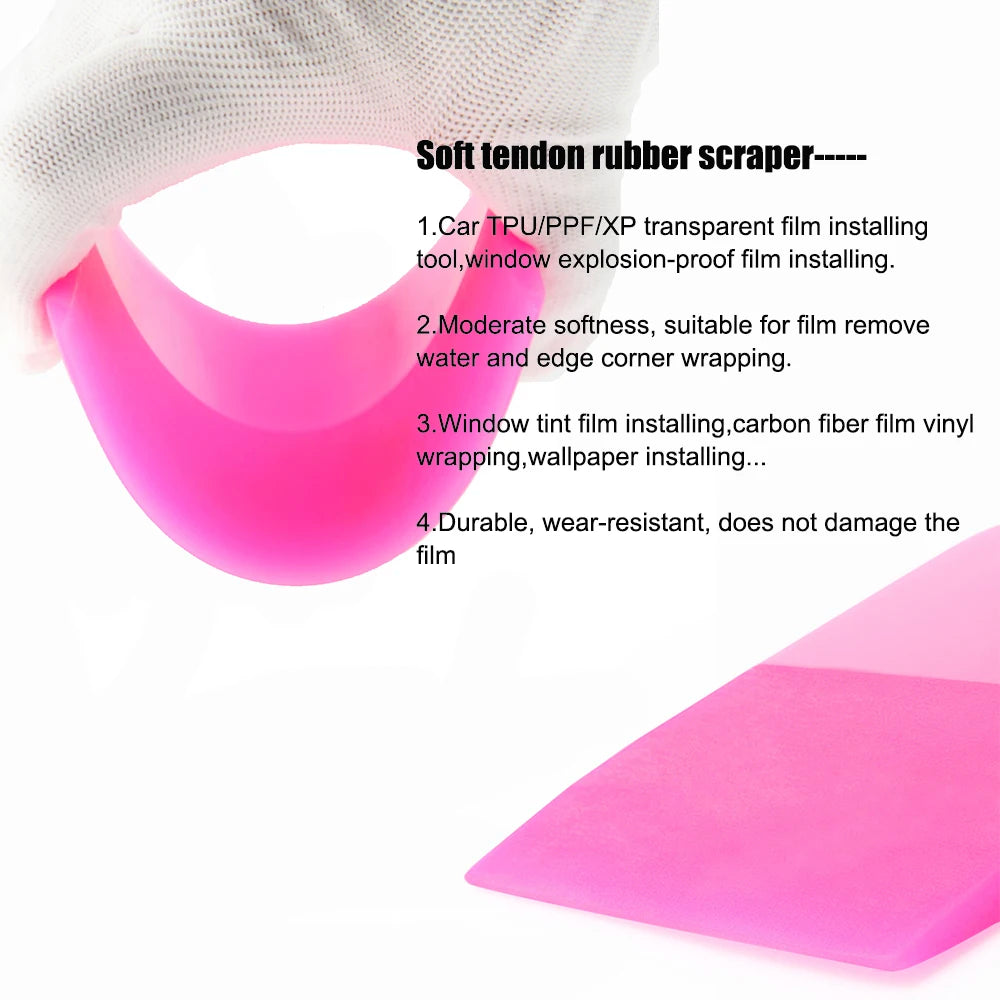 A pink soft tendon rubber scraper used for installing various films like TPU/PPF and window tinting.