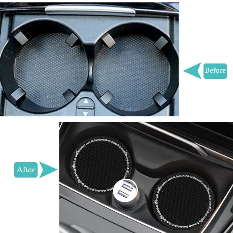 Before and after comparison of decorative rhinestone car coasters