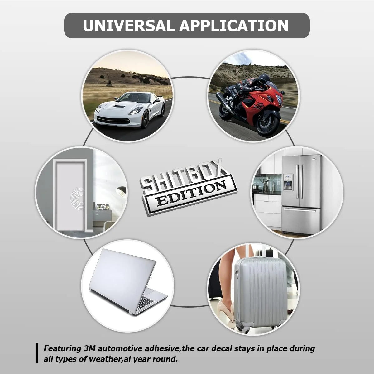A diagram showing the universal application of a 3D automotive decal set, demonstrating use on cars, motorcycles, and electro