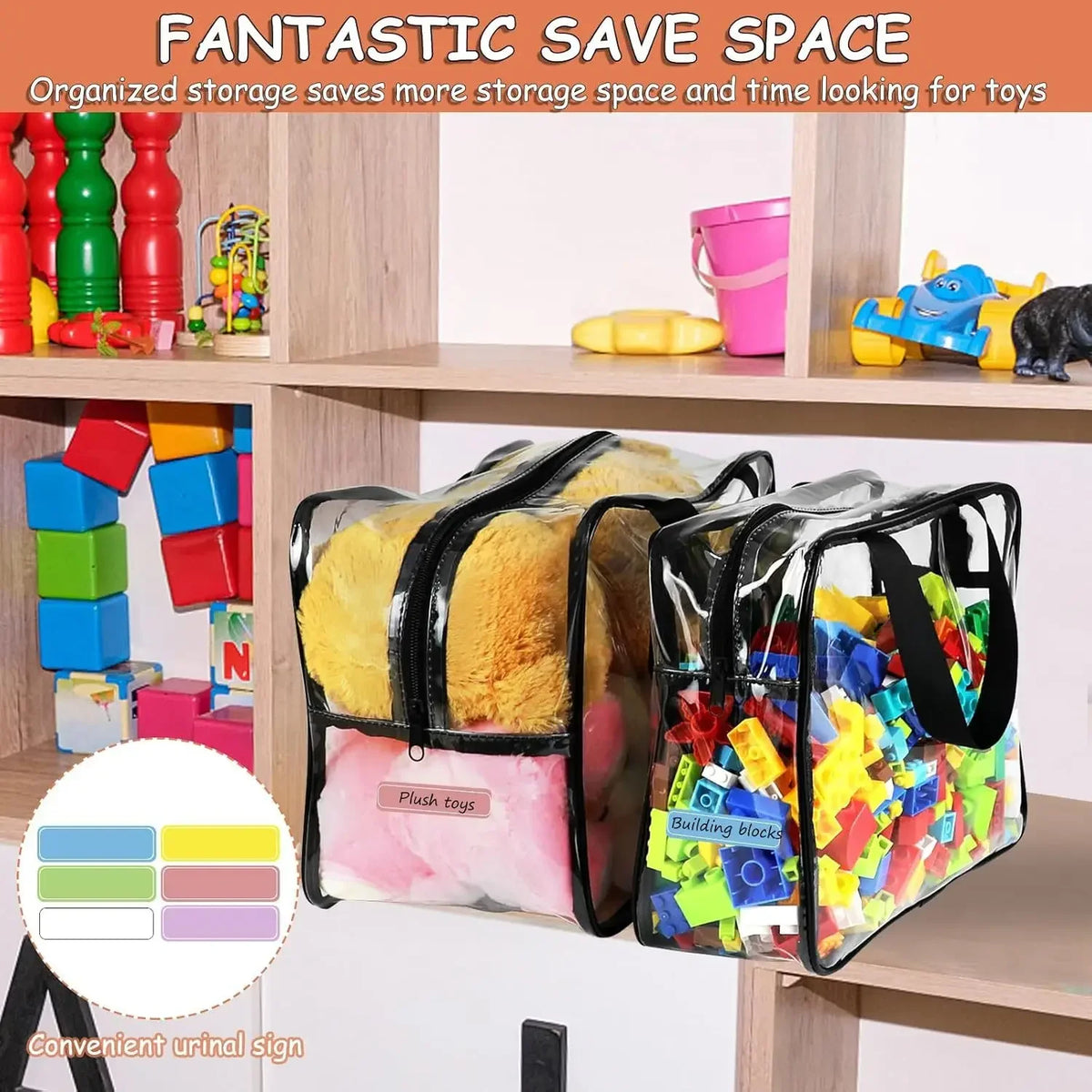 Clear PVC storage pouch with black handles holding various toys and building blocks on a wooden shelf