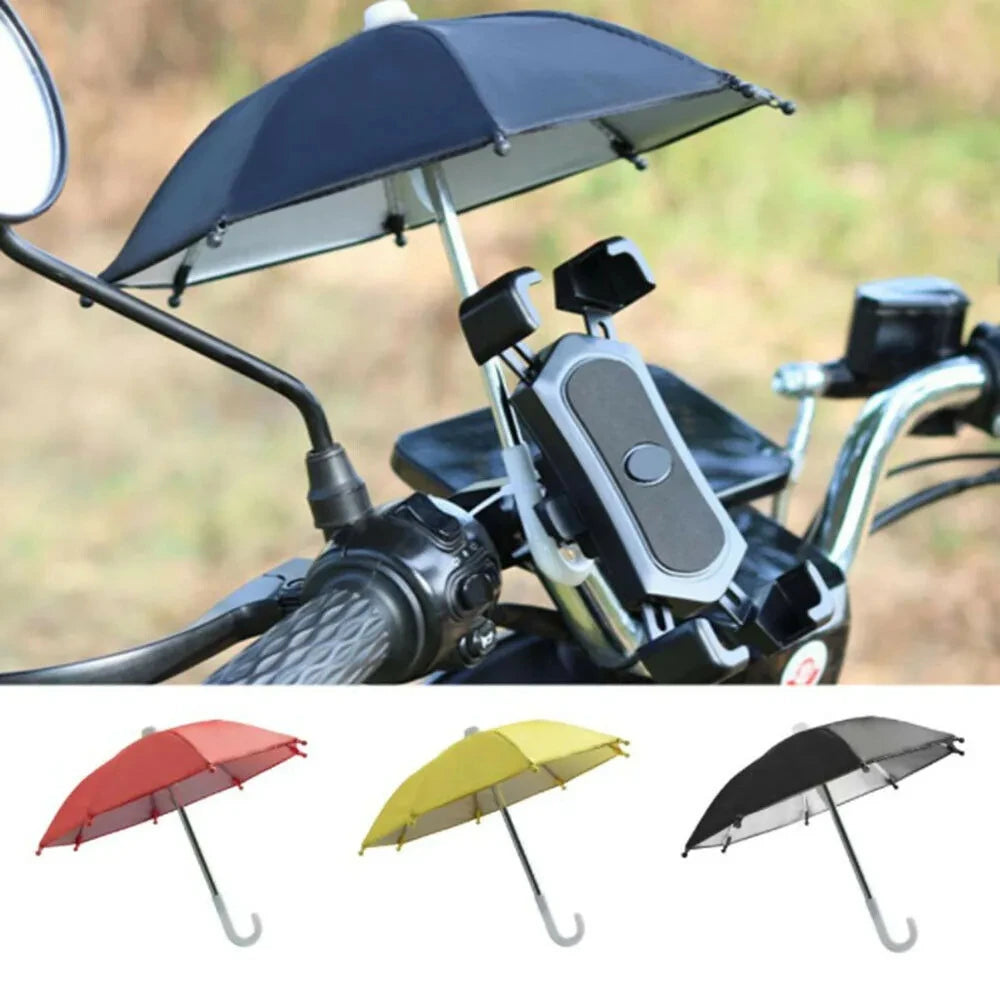 A mini motorcycle sunshade umbrella shown in three colors: red, yellow, and black.