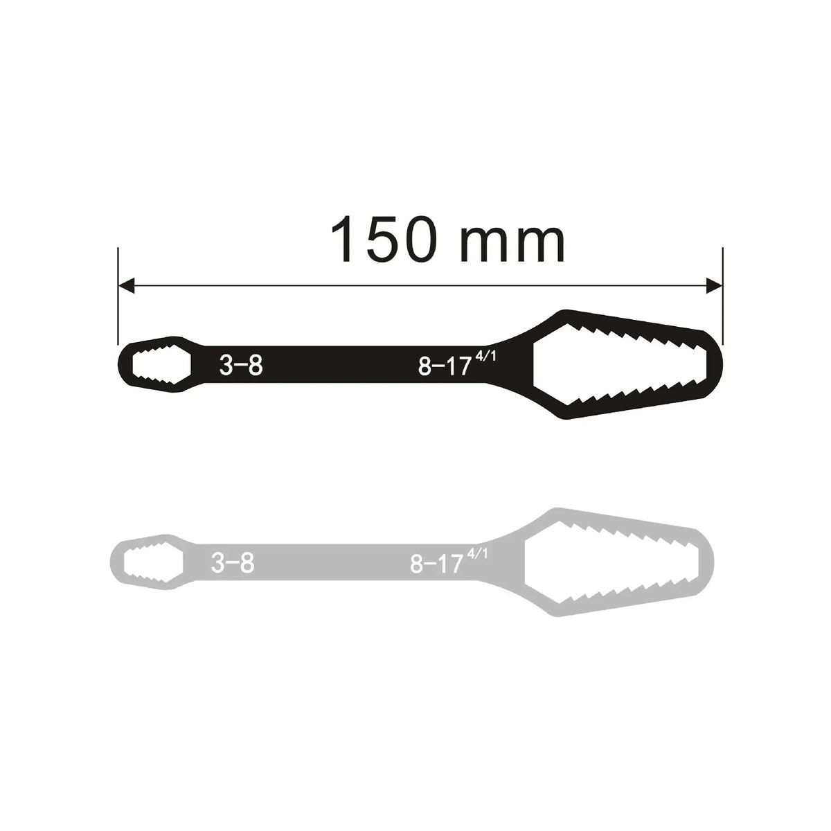 A black and silver universal adjustable Torx wrench set with a 150 mm measurement scale.