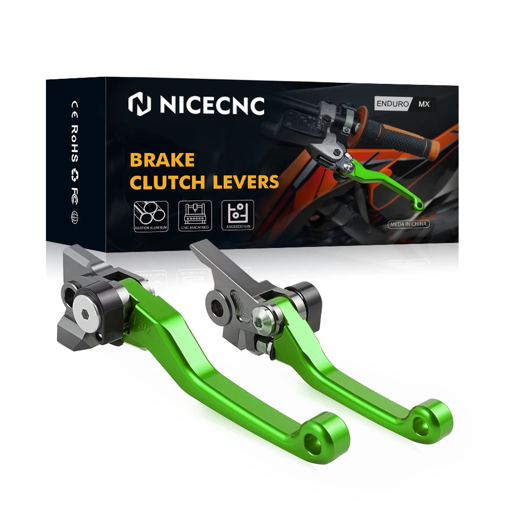Set of green and black brake and clutch levers for off-road bikes packaged in a box.