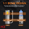 Comparison showing a 1:1 beam design between an H3 bulb and another type of automotive headlight bulb.