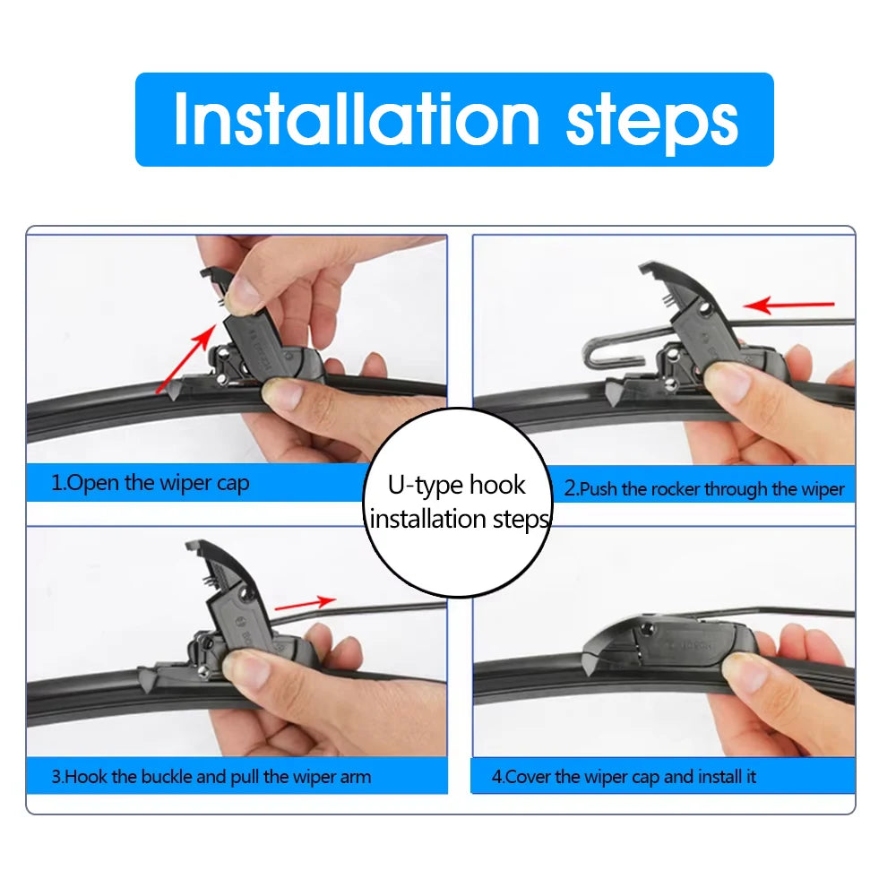 Installation steps for universal windshield wiper blades showing how to open, push the rocker, hook the buckle, and install t