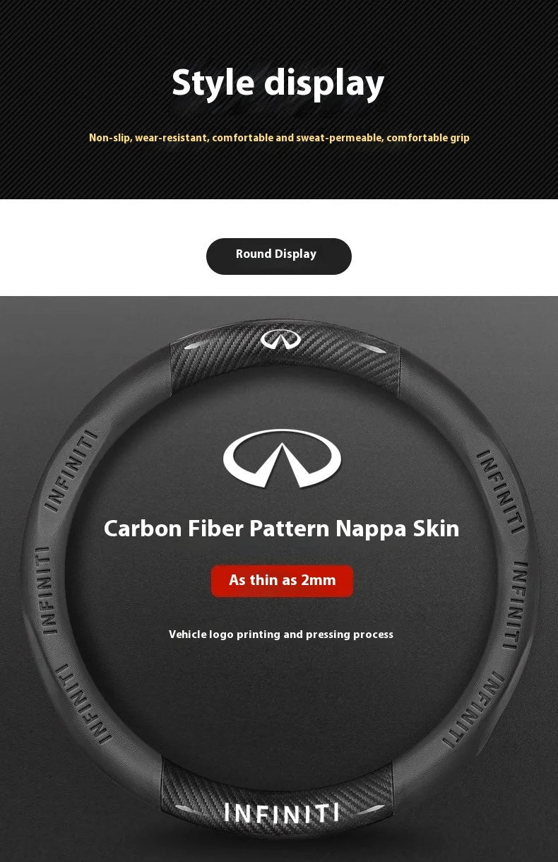Round display steering wheel covers made of carbon fiber patterned nappa skin for Infiniti models