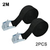 Two black heavy-duty cam buckle tie-down straps with silver alloy buckles.