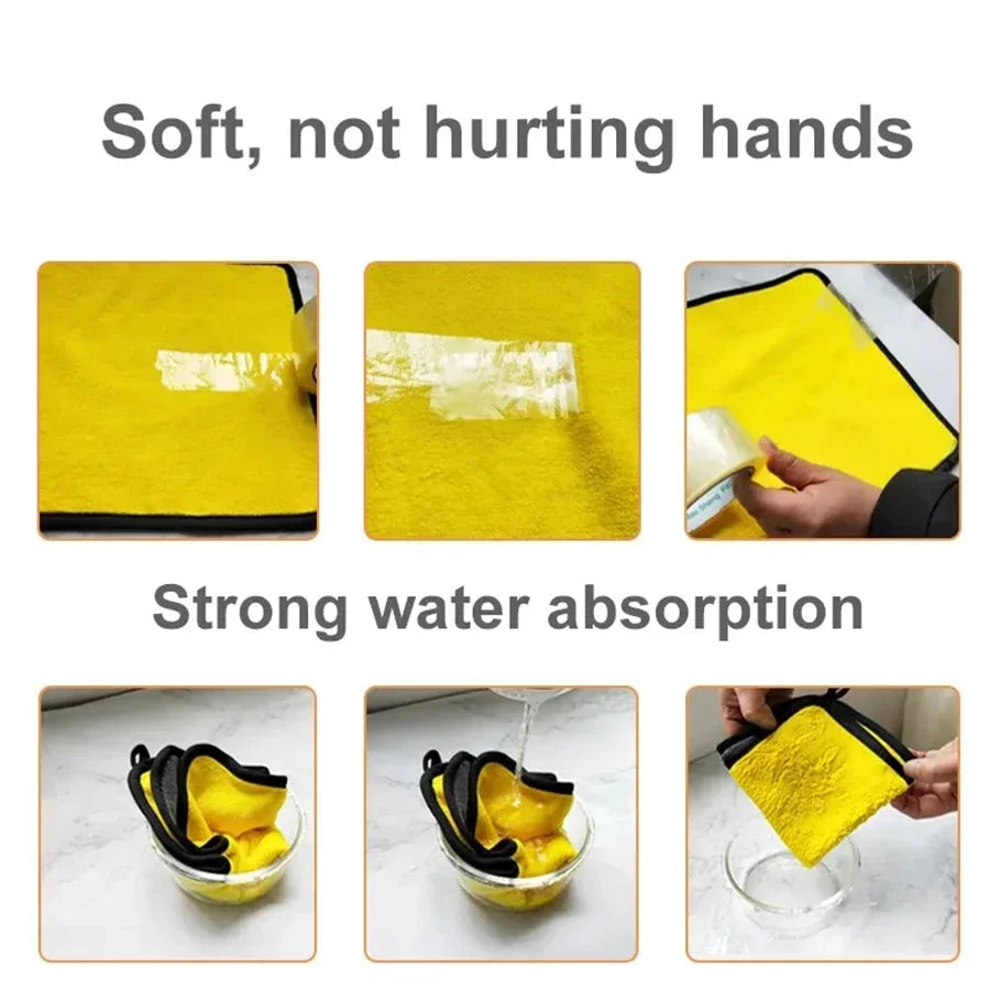 Yellow microfiber car cleaning towels demonstrating softness and strong water absorption.
