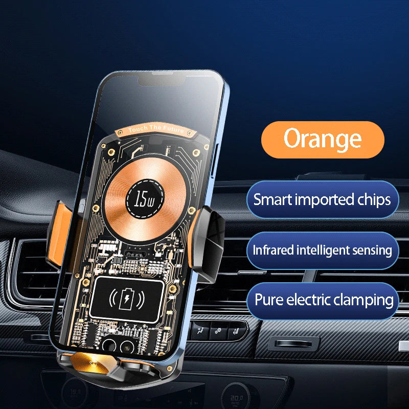 A magnetic wireless car charger device is shown placed in a car interior, featuring an orange color and smart imported chips.