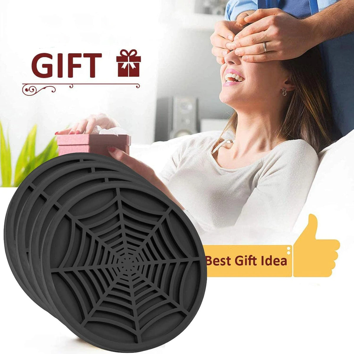 A black silicone spider web coaster is shown next to a woman applying a gift to her face.