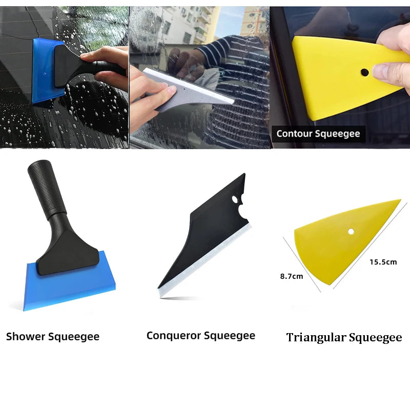 A set of three squeegee tools for window cleaning including a shower squeegee, conqueror squeegee, and triangular squeegee.