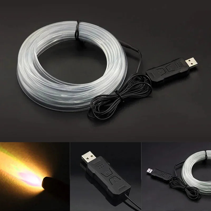 لفافة شرائط إضاءة LED بيضاء مع موصل وأسلاك، بجوار شعاع ضوئي مضاء.