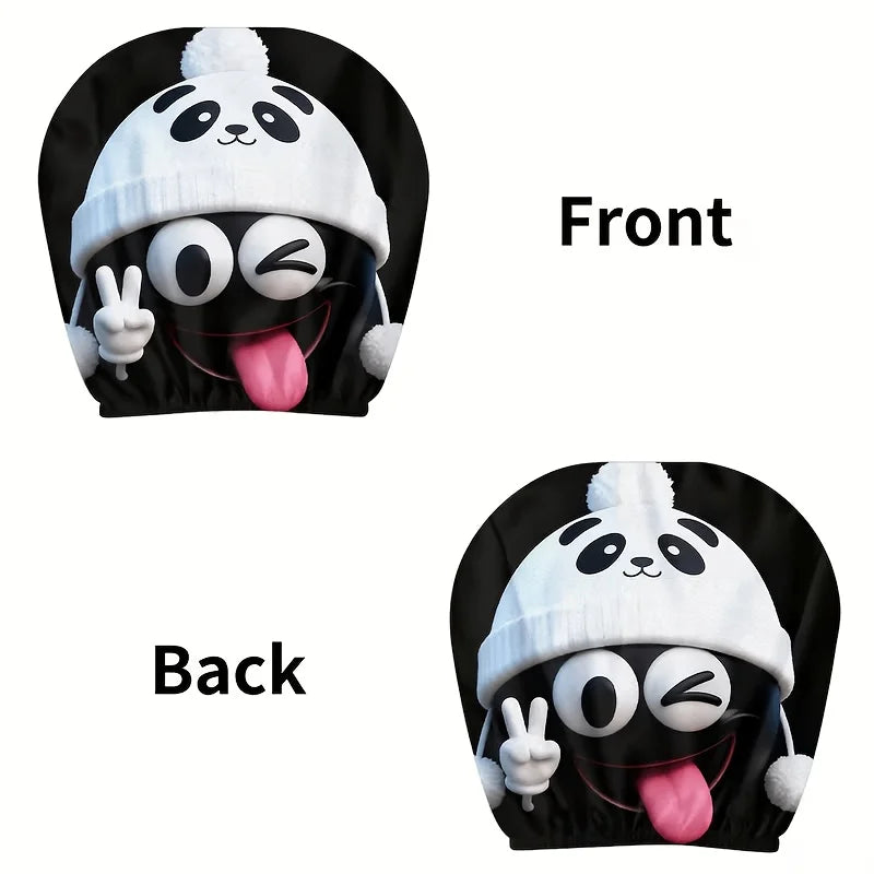 Front and back views of funny panda pattern car headrest covers
