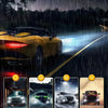 A yellow sports car drives on a wet road under heavy rain, demonstrating IP68 waterproof protection.