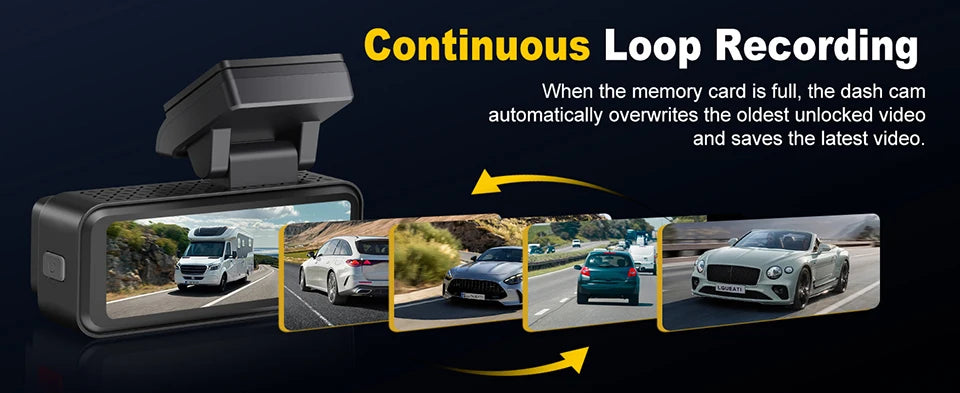 A continuous loop recording dash cam is shown with various car footage, demonstrating automatic overwriting of old videos.