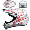 A white and black kids motorcycle off-road safety helmet with red lettering on the side