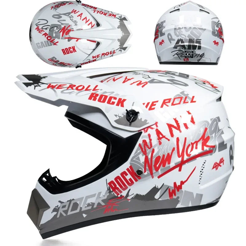 A white and black kids motorcycle off-road safety helmet with red lettering on the side