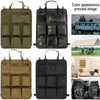 A set of universal camo seat back organizers in olive green, black, and tan colors.