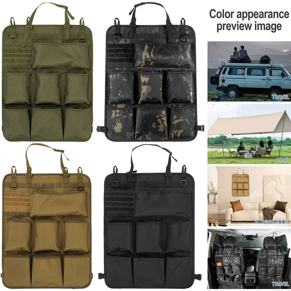 A set of universal camo seat back organizers in olive green, black, and tan colors.