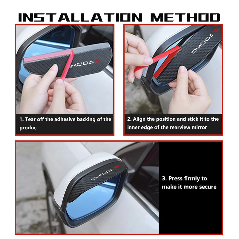 Installation method showing how to attach carbon fiber rearview mirror rain guards to a car's interior.