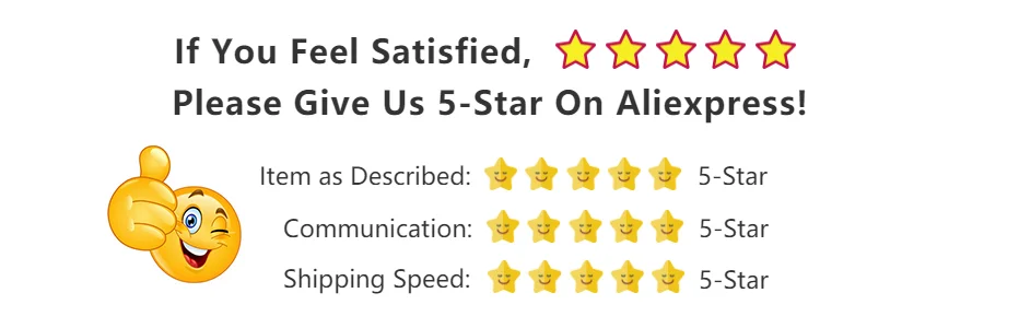 Gráfico pidiendo una reseña de 5 estrellas en Aliexpress por la descripción, comunicación y velocidad de envío del artículo.